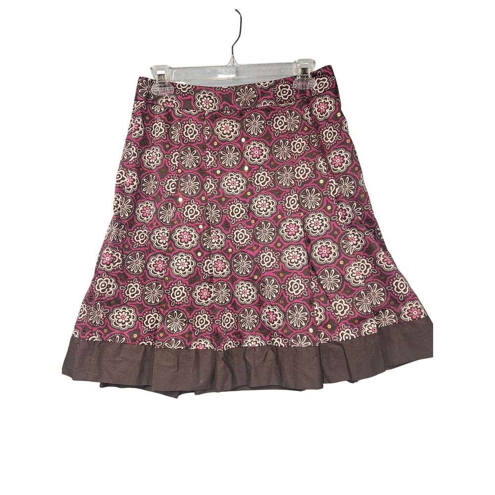 Ann Taylor Loft Petites Brown Floral Medallion Sequin A-Line Skirt 4P